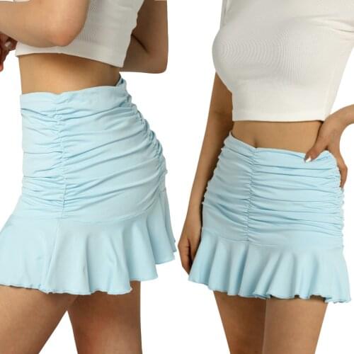 2021 Women Ruched Ruffle Mini Skirt High Waist Solid Color Stretch A-line Pleated Skirt for Home wear Party Vacation Holiday