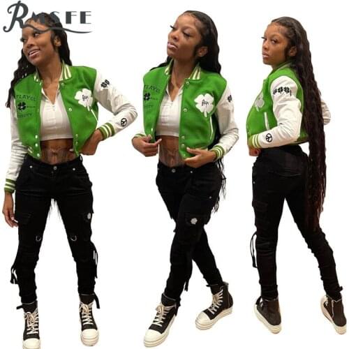 RMSFE 2021 European And American Womens Fashion Embroidered Pattern Baseball Jacket Ladies Casual Long - Sleeved Lapel Jacket