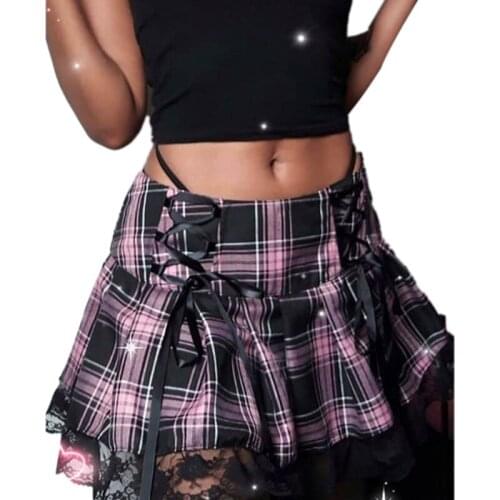 Lace Up Goth Women Skirts Stripe Plaid Lace Trim Pleated Skirt Punk Rave Dark Academia Aesthetic Girl Clothes