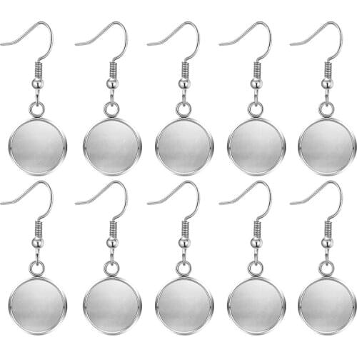 10Pcs Stainless Steel Ear Hooks Earring Base Setting Cabochon 12mm Flat Round Settings Blank Bezels for Jewelry Making Findings