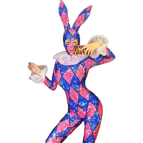 Shining Rhinestones Decoration Sequins Mesh Gauze Bodysuit Bunny Style Long Sleeve Party Clothing Club Bodysuit For Women