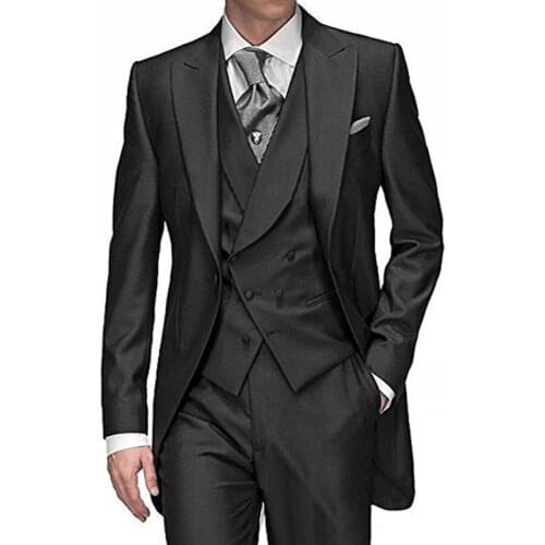 Custom Black Men Suits for Wedding Peaked Lapel Best Man Blazers Groom Tuxedos Groomsmen Wear Costume Homme Morning Party 3Piece