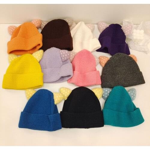 New Candy Color Children Wool Knitted Hats Spring Autumn Girls Dot Printed Cat Ears Hats Warm Boys Woolen Caps For 1-3 Years Old