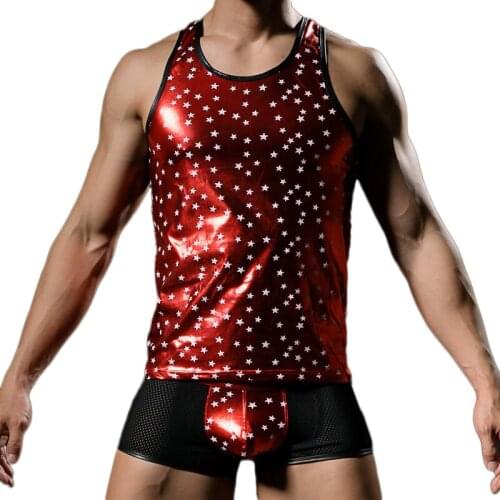 Mens Undershirts Christmas Shiny PU Leather WetLook Sleeveless Man Tank Tops Stage Dance Clubwear Boxer Shorts Men Cloths Set