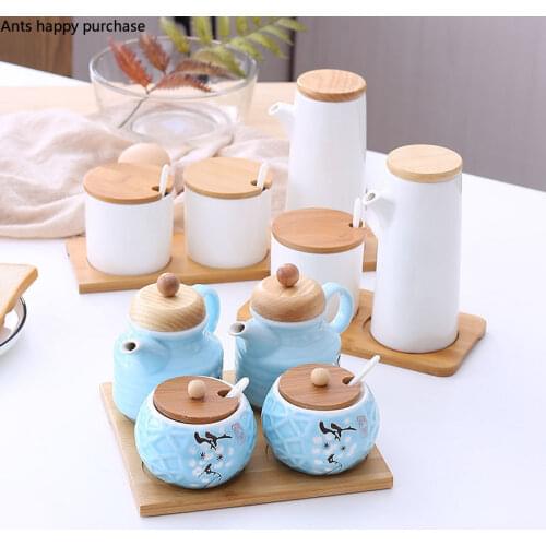 Ceramics Can Leakproof Tank Seasoning Bottle Kitchen Supplies Household Soy Sauce Bottle Vinegar Bottle Set Salt Shaker with Lid