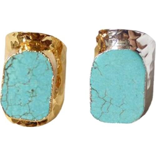 Blue Howlite Stone Ring Freeform Stone Electroplated Gold or silvers Stone Ring Adjustable turquoises Jewelry Gems for Women
