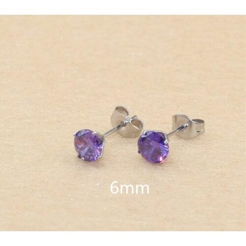 6mm AAA Round Colorful Purple Zircons Stud Earrings With Stianless Steel Needle Brief Jewelry 20 Colors For Choose No Allergy