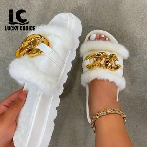 Summer Plush Slippers Fashion Open Toe Solid Color Metal Chain Outdoor Casual Womens Shoes Plus Size Lucky Choice Sandals