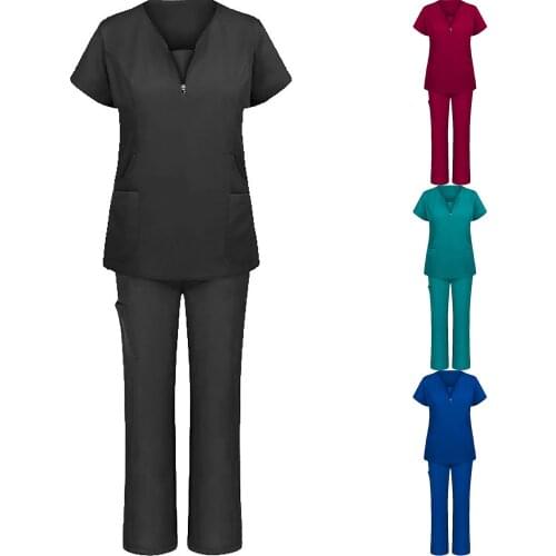 Nurse Uniforms Suits Pet Grooming Institution Scrubs Tops Long Pants Set Spa Working Uniforms Women Pocket V-neck Work Clothes