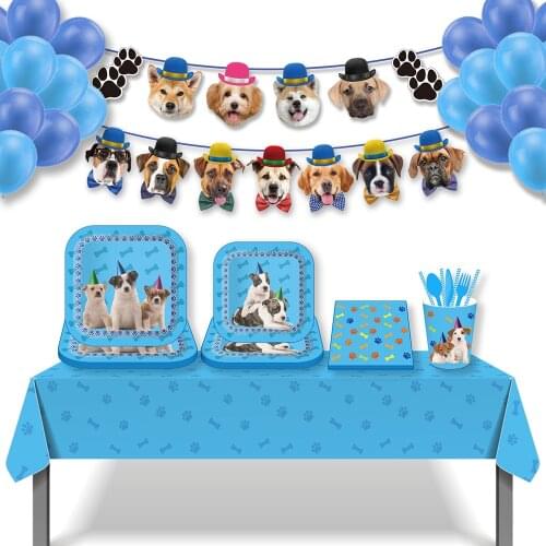 Cute Blue Pet Cat Dogs Baby Shower Party Disposable Tableware Sets Happy Birthday Party Suppllies Decors Hanging Banner Swirls