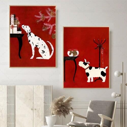 Nordic Style White Black Spotted Dog Poster Cartoon Pattern Pet Puppy Wall Art Decor for Living Room
