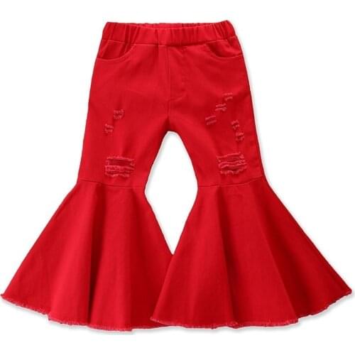 Solid Ripped Hole Orange Red Girl Flare Pants Tassel 2020 Children Toddler Kids Baby Cute Long Bell-Bottomed Trouser for Clothes