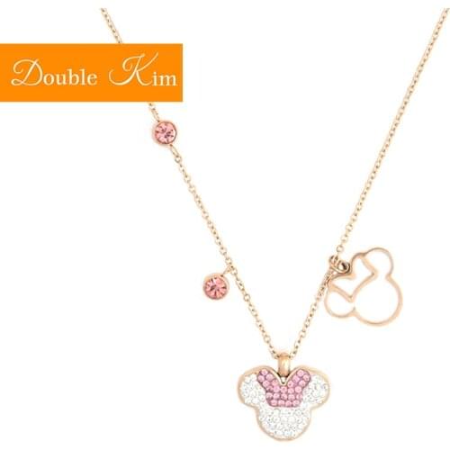 Pink Cartoon Mouse Pendant Necklace Titanium Steel Chain Necklace Inlaid Crystal Fashion Trendy Women Jewelry Birthday Gift
