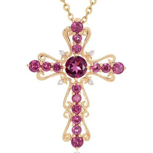 Rose gold color cross pendant necklace for women choker amethyst purple crystal luxury gemstones party fashion jewelry vintage