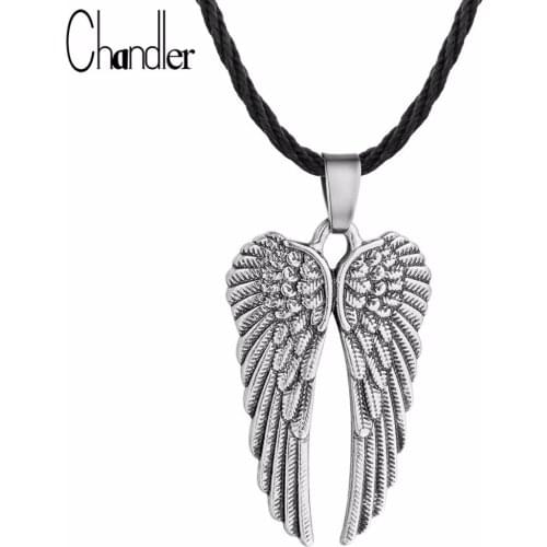 Chandler Ancient Angel Wing Choker Necklaces Men Vintage Gothic Feather Pendants Antique Tone Kolye Power Jewelry