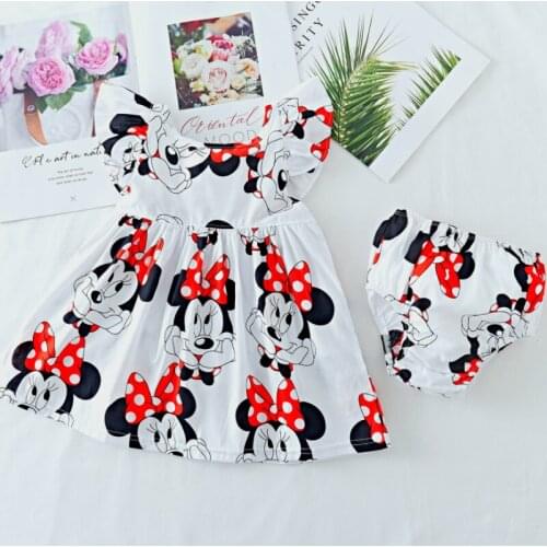 Toddler Baby Girls Dress Summer Dress Flying Sleeve Newborn Infant Dress Cotton Minnie Dress+Underwear Pants for Baby Girls 2PCS