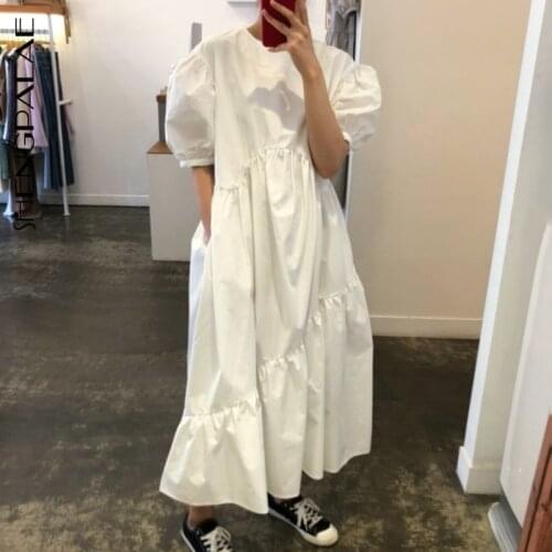 SHENGPALAE 2021 Summer Vintage Loose High Waist Slim Was Thin Elegant Splice Puff Sleeve Irregular Pleating Maxi Dress ZA4029