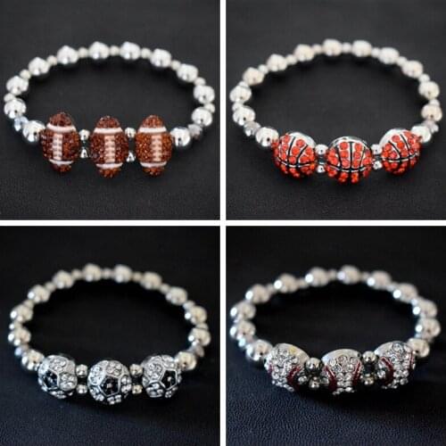 Rhinestone Volleyball Basketall Rugby Baseball Bracelet Beads Charm Elastic Wristband Sports Jewelry Team Souvenir