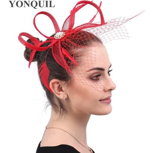 Red Mesh Yarn Bride Fascinator Hair Accessories Fancy Feather Headwear For Elegant Ladies Party Dinner Headdress Occasion Church