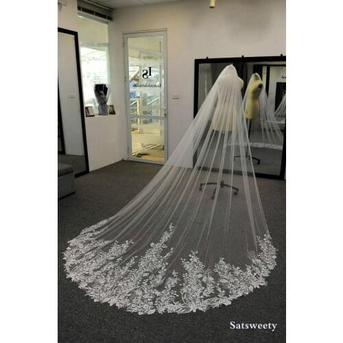 High End Customized Soft Tulle Woman Chapel Bridal Veils White/Ivory Veil for Bridal Appliques Edge Wedding Veil