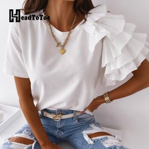 Solid Cascading Ruffle Fashion Brief Tops Women Short Sleeve Round Neck T Shirt Women