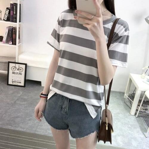 Oversized Korean Fashion Style Women T-shirt Short Sleeve Loose Slit Blouse Round Neck Simple Color Striped Top Casual Students