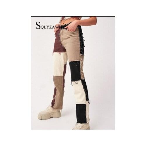 Women Patchwork Denim Pants Retro Fall Sexy Jeans Ripped Straight Panelled Trousers Streetwear Skinny High Waist Lady Jean Pants