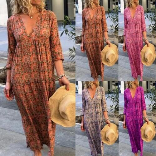 Vintage Printed V-neck Long Sleeve Spring Summer Women Casual Loose Maxi Dress
