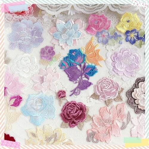 10Pcs Pink Blue Embroidered Flower Appliques Garment Accessories Patch DIY Scrapbook Card Craft Decoration