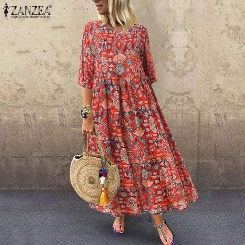 2021 ZANZEA Bohemian Sundress Women Casual 3/4 Sleeve Long Maxi Vestidos Autumn Vintage Printed Party Dress Femme Tunic Robe