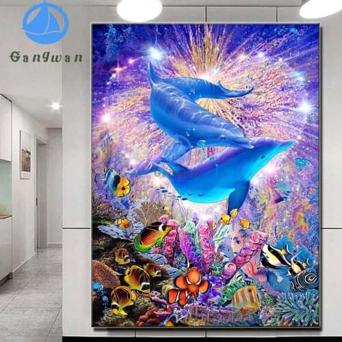 5D DIY Diamond mosaic cute dolphins landscape Diamond Embroidery Marine life Diamond Painting Rhinestone Crystal Home Decoration