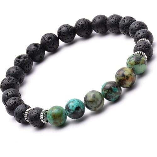 8mm lava volcanic rock & green stone mixed beaded combination charms unisex bangle bracelet for wedding girft daily jewelry