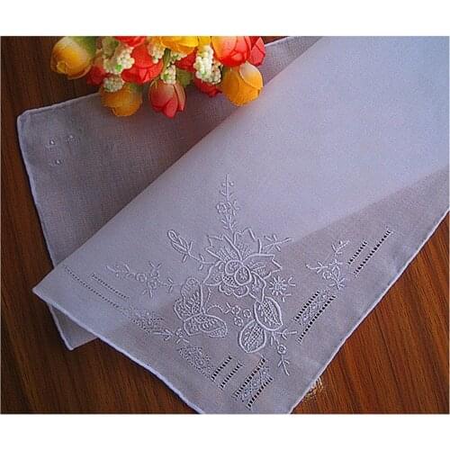 White Handmade Handkerchief 100% Cotton Soft Thin Ladies Artis Applique Drawnwork Embroidered Flower Mothers Day Gift Hankies