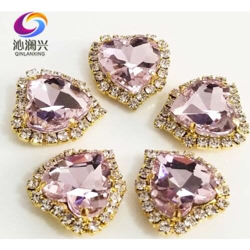 Free shipping Gold bottom Pink heart shape Crystal glass buckle,sew on rhinestones for Diy/jewelry accessories SWHK21