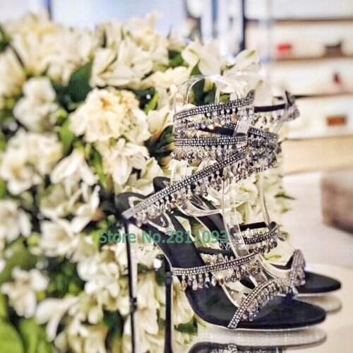 Crystal Bling Bling Sandals Ankle Circle Open Toe Chunky High Heel Shoes Runway Dress Ladies High Heel Shoes Shiny