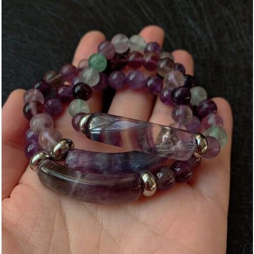 Natural Gem Stone Strand Bracelets Healing Purple Fluorite Amethysts Green Quartz Crystal Rectangle Bar Charms Bracelets Femme