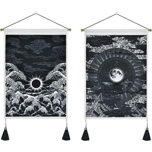 Nordic Art Decorative Tapestry Black Moon and Star Tapastry Ocean Wave Wall Hanging Tapestry Modern Home Decoration