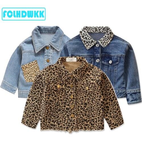 New Fashion Girls Spring Autumn Denim Jacket Leopard Print Coat Baby Girls Cartoon Jean Jackets Kids Coats Children Clothing 2-6