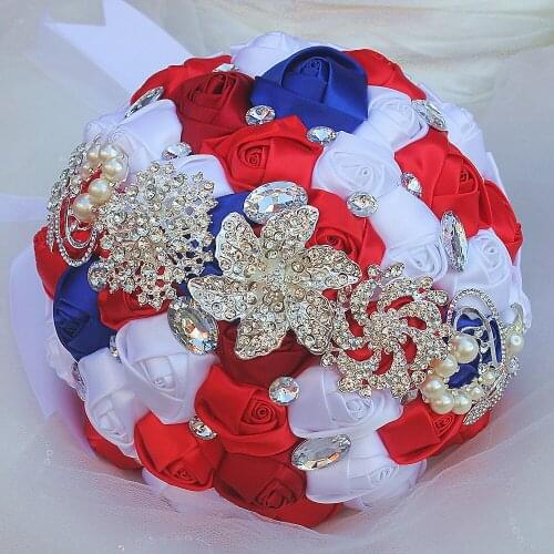 Hot selling white blue and red crystal bridal wedding bouquets for wedding decoration