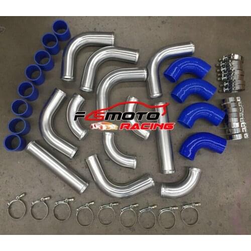 Aluminum Universal Intercooler Turbo Piping Blue hose T-Clamp kits 3" inch 76mm
