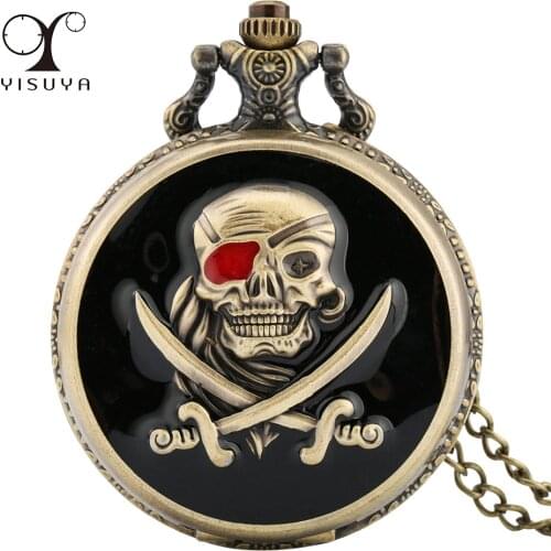 Punk Pirate Display Quartz Pocket Watch Bronze Full Hunter Pendant Retro Antique Watch Men Women with Chain