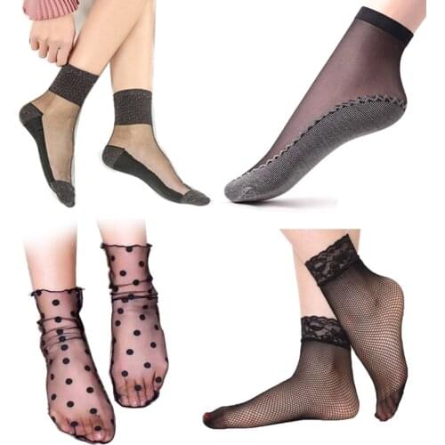 Summer Women Short Socks Fishnet Sexy Black Woman Socks with Print Dot Lace Silk Thin Transparent Ultrathin Womens Nylon Socks