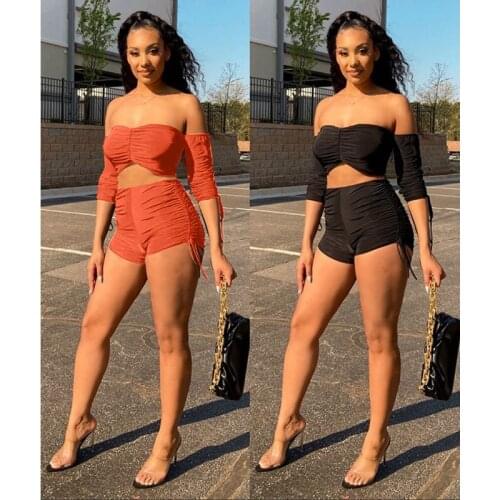 Summer Clothing Two Piece Set Women Sexy Solid One-shoulder Drawstring Tube Top+Shorts Sets Club Outfits Lounge Wear Wholesale