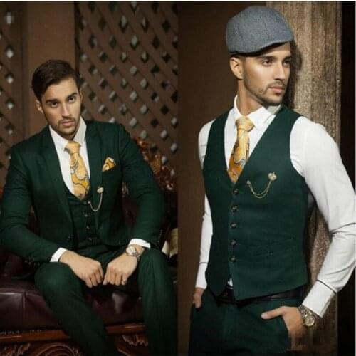2020 Custom Made Green Suit Mens Tweed Wedding Prom Suits Groomsmen Slim Fit Tuxedos 3 Piece Set (Jacket+Vest+Pants)
