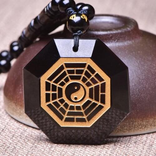 Men Necklace Pendant Black Obsidian Gold-plated Tai Chi Star Anise Yin Yang Gossip Pendant Free Chain for Male Fine Jade Jewelry
