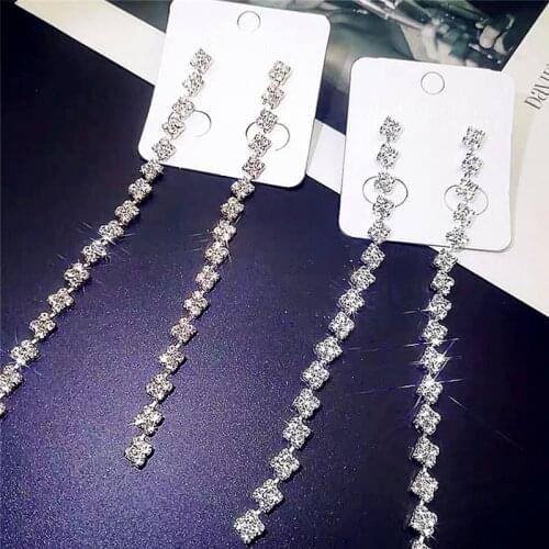 BLIJERY New Rhinestone Crystal Bridal Long Earrings Sparkling Silver Color Squares Dangle Earrings For Women Wedding Jewelry Gif