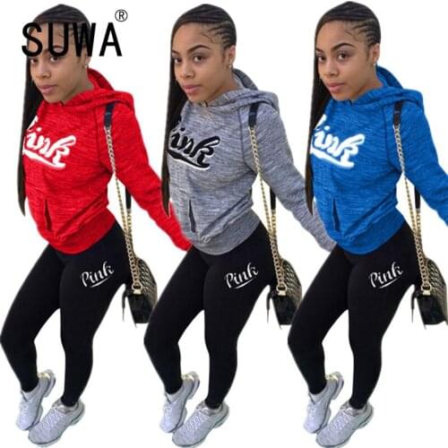 Wholesale Fashion Hoodies Tops And Long Pant Suit Pink Letter Print Matching Suit Tracksuits
