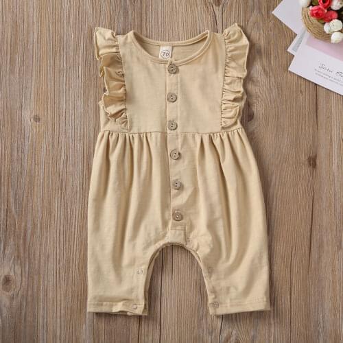 Pudcoco Newborn Baby Girl Clothes Solid Color Sleeveless Ruffle Button Romper Jumpsuit One-Piece Outfit Cotton Clothes