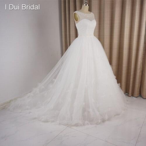 Fairy Handmade Flower Romantic Wedding Dresses Real Photo Illusion Pearl Beaded Neck Custom Made