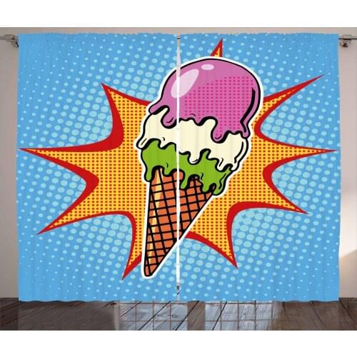 Ice Cream Retro Curtains Tasty Pop Art Style Dessert Satin Fabric Drapes for Living Room Bedroom 2 Panel Window Set